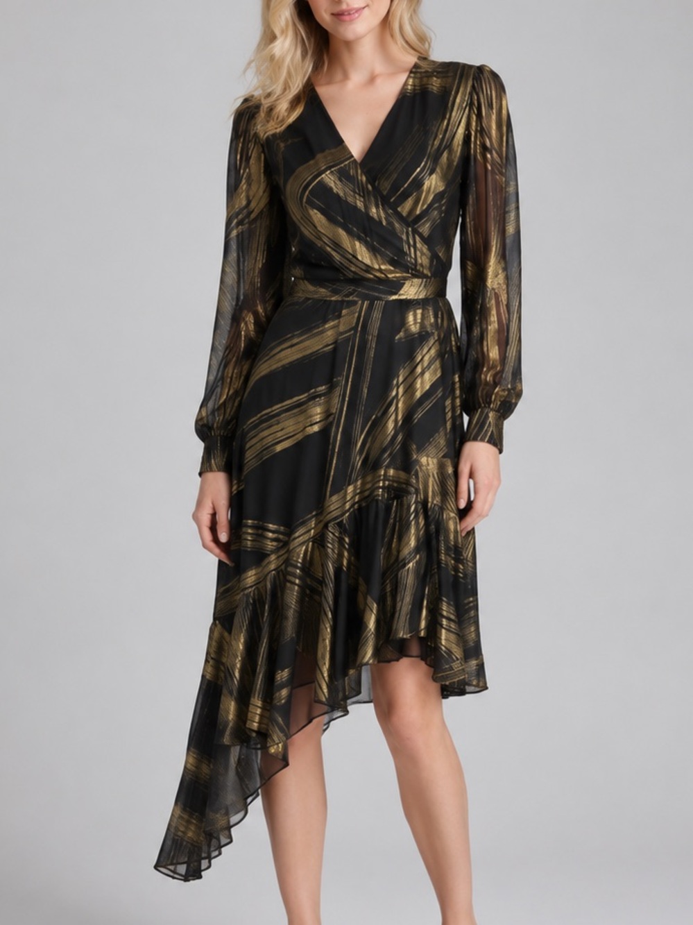 🆕🖤💛DKNY Black&Gold Metallic Abstract Print Asymmetrical Midi Dress Size 16 Chic